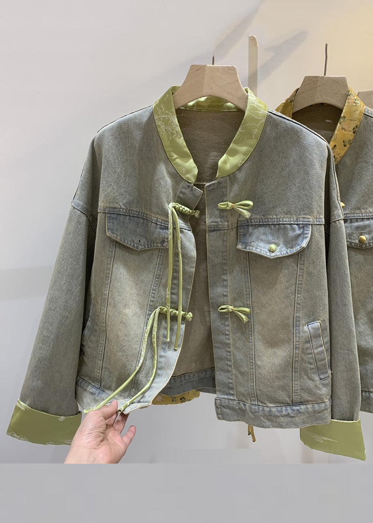 Loose Green Chinese Button Patchwork Denim Coats Long Sleeve