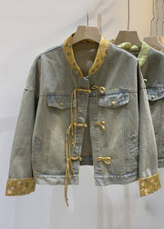 Loose Green Chinese Button Patchwork Denim Coats Long Sleeve