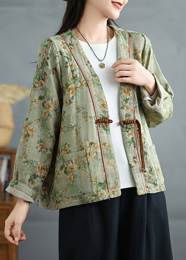 Loose Green Chinese Button Print Cotton Coat Fall