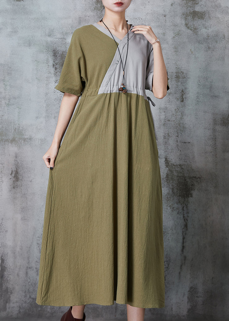 Loose Green Cinched Patchwork Linen Dress Summer