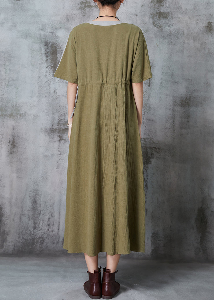 Loose Green Cinched Patchwork Linen Dress Summer