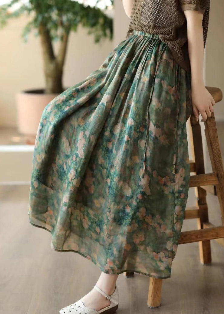 Loose Green Elastic Waist Print Linen Skirts Summer