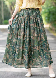 Loose Green Elastic Waist Print Linen Skirts Summer