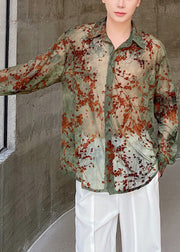Loose Green Embroideried Button Cotton Thin Men Shirt Long Sleeve