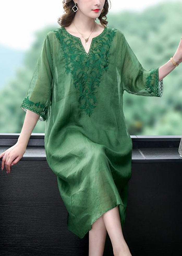 Loose Green Embroidered Linen Silk Dresses Half Sleeve