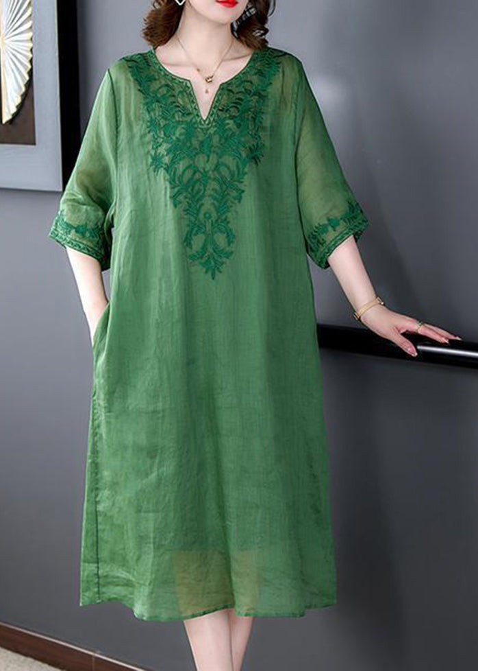 Loose Green Embroideried Linen Silk Dresses Half Sleeve