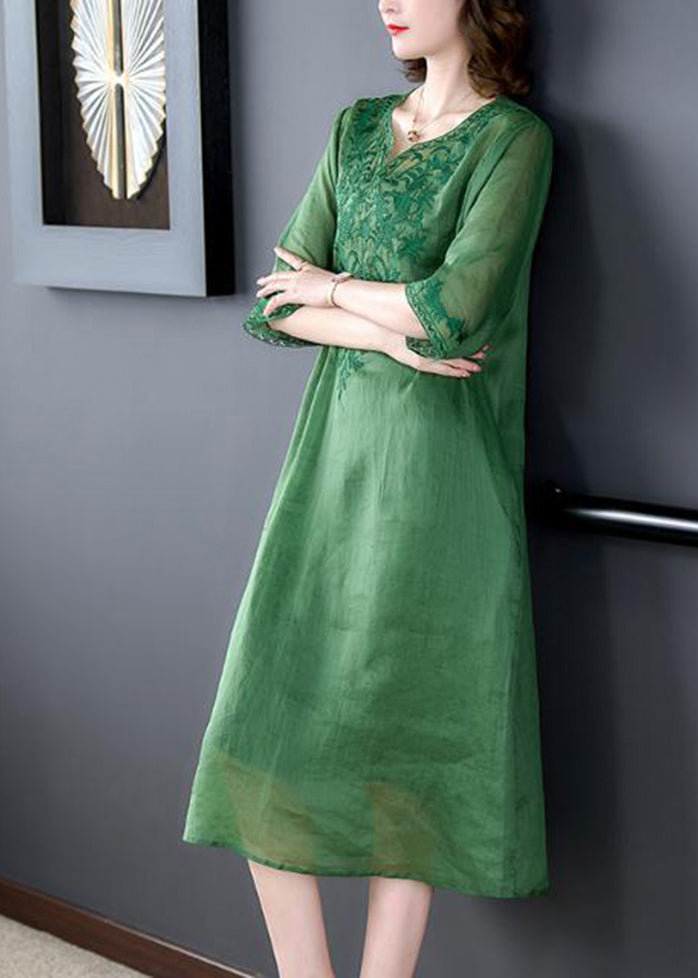 Loose Green Embroidered Linen Silk Dresses Half Sleeve