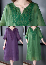 Loose Green Embroidered Linen Silk Dresses Half Sleeve