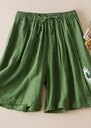 Loose Green Embroidered Pockets Patchwork Linen Shorts Summer