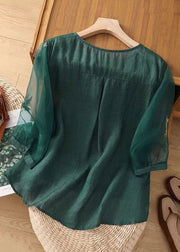 Loose Green Embroideried Side Open Cotton Top Half Sleeve