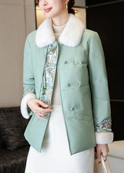 Loose Green Fur Collar Button Faux Leather Down Coat Winter