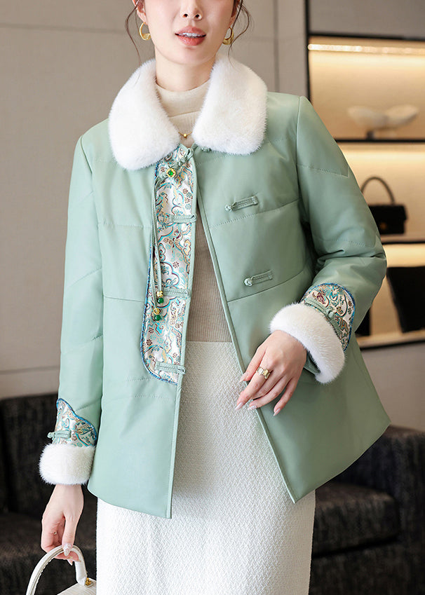 Loose Green Fur Collar Button Faux Leather Down Coat Winter