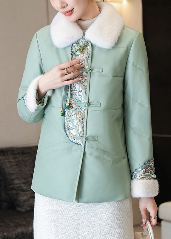 Loose Green Fur Collar Button Faux Leather Down Coat Winter