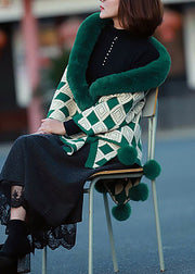 Loose Green Fur Collar Patchwork Geometric Knit Shawl