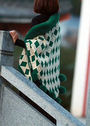 Loose Green Fur Collar Patchwork Geometric Knit Shawl