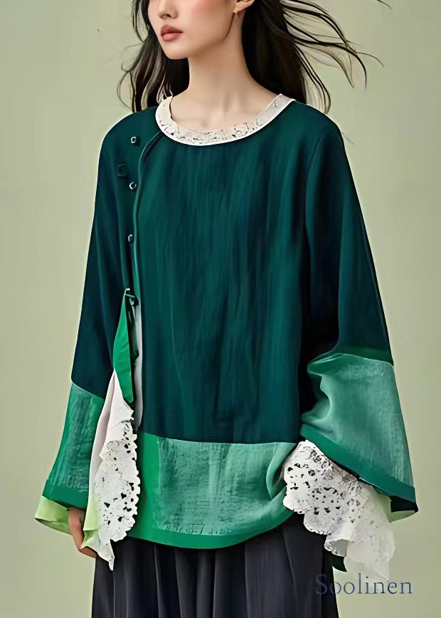 Loose Green Hollow Out Patchwork Cotton Top Flare Sleeve