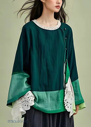 Loose Green Hollow Out Patchwork Cotton Top Flare Sleeve