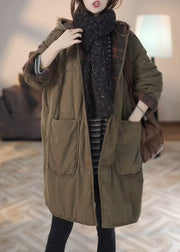 Loose Green Hooded Button Pockets Parkas Winter