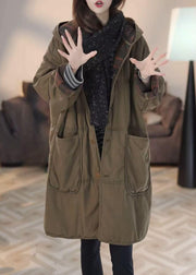 Loose Green Hooded Button Pockets Parkas Winter