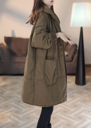 Loose Green Hooded Button Pockets Parkas Winter