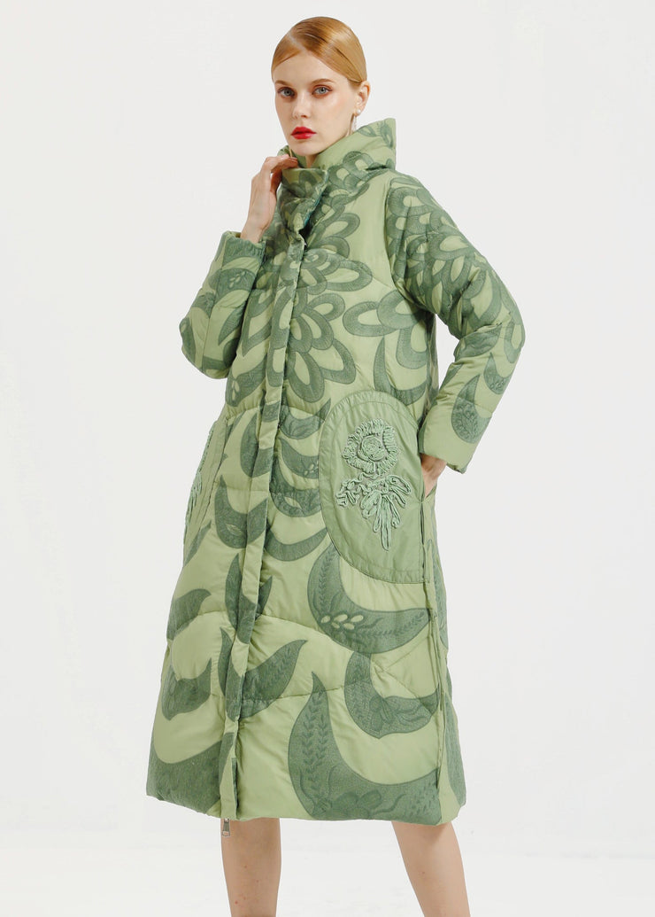 Loose Green Hooded Embroideried Patchwork Duck Down Long Coat Winter