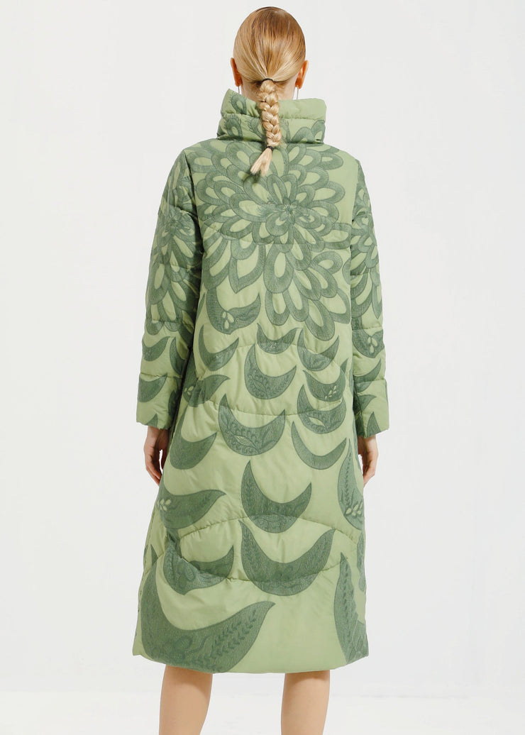 Loose Green Hooded Embroidered Patchwork Duck Down Long Coat Winter