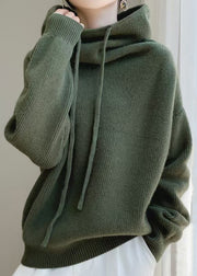 Loose Green Hooded Lace Up Wool Knit Sweaters Spring