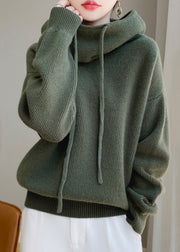 Loose Green Hooded Lace Up Wool Knit Sweaters Spring