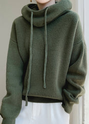 Loose Green Hooded Lace Up Wool Knit Sweaters Spring