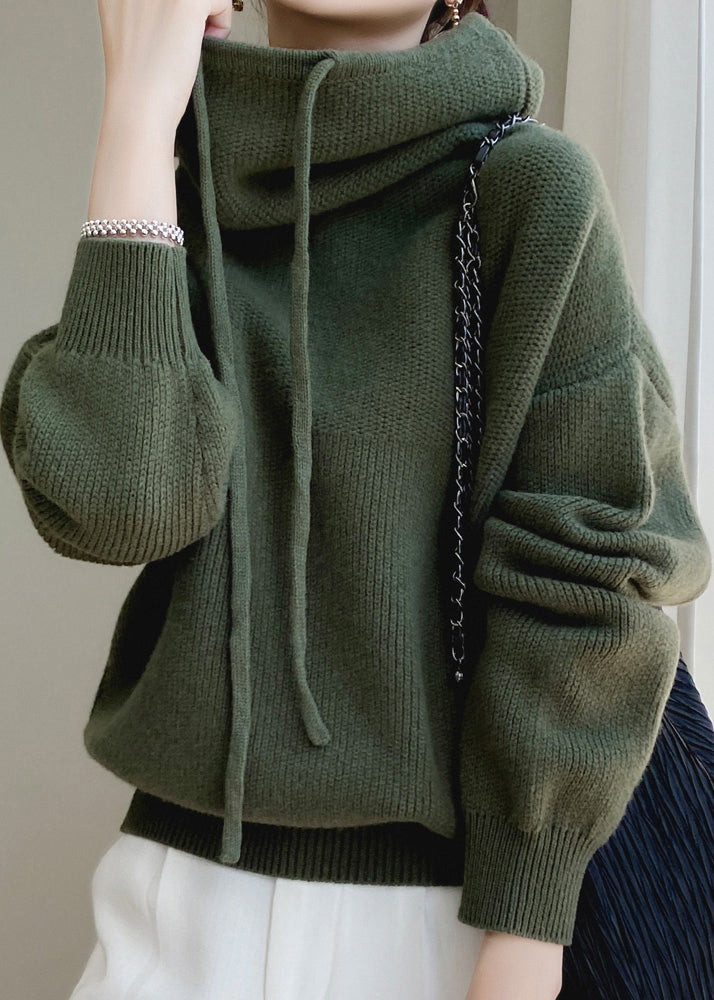 Loose Green Hooded Lace Up Wool Knit Sweaters Spring