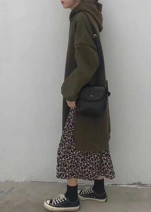 Loose Green Hooded Patchwork Leopard False Two Pieces Warm Fleece Dress Long Sleeve