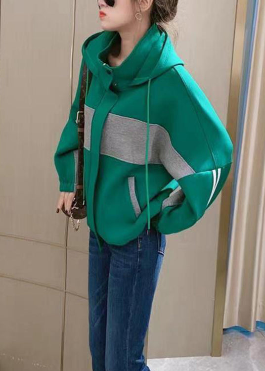 Loose Green Hooded Pockets Patchwork Cotton Coats Fall