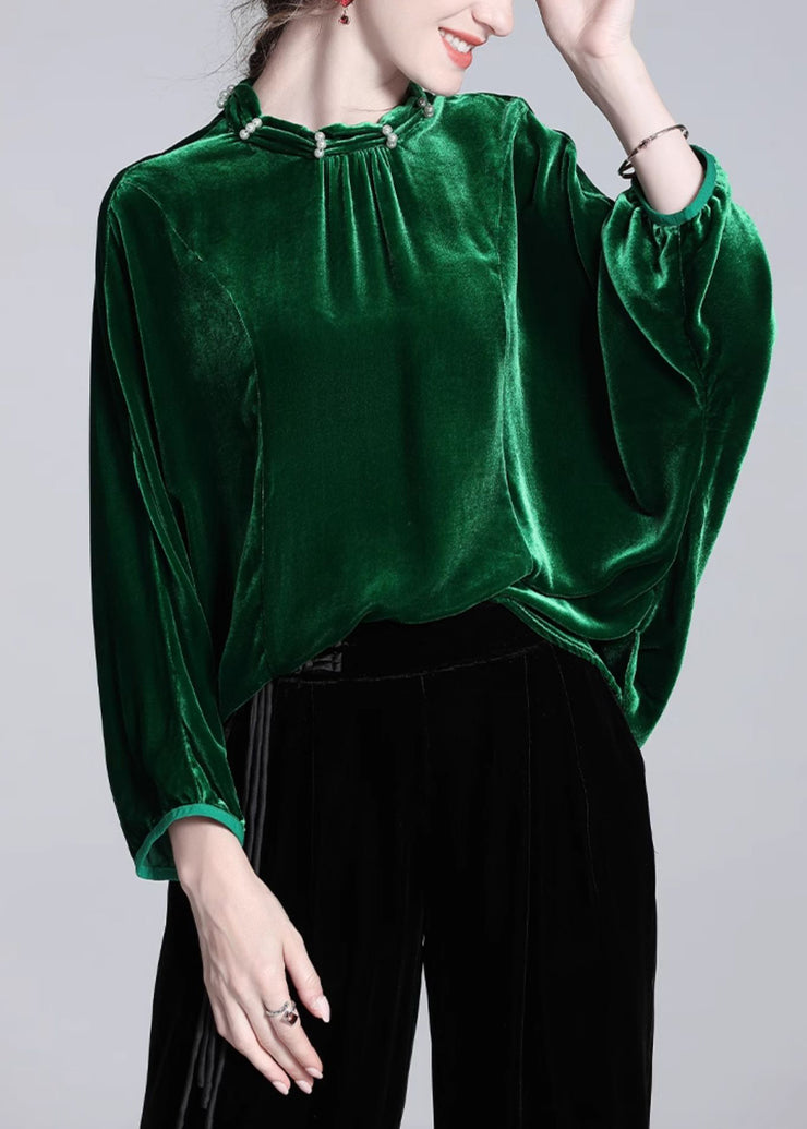 Loose Green Nail Bead Solid Silk Velour Blouse Batwing Sleeve