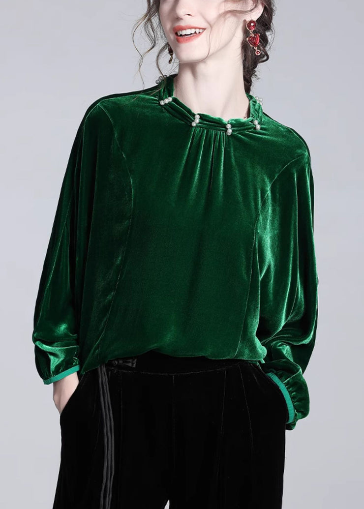 Loose Green Nail Bead Solid Silk Velour Blouse Batwing Sleeve