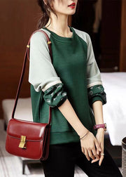 Loose Green O Neck Embroidered Patchwork Cotton Sweatshirts Fall