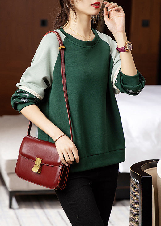 Loose Green O Neck Embroideried Patchwork Cotton Sweatshirts Fall