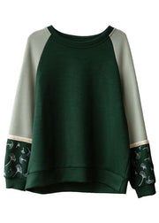 Loose Green O Neck Embroidered Patchwork Cotton Sweatshirts Fall