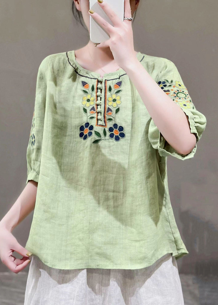 Loose Green O Neck Embroideried Patchwork Cotton T Shirt Half Sleeve