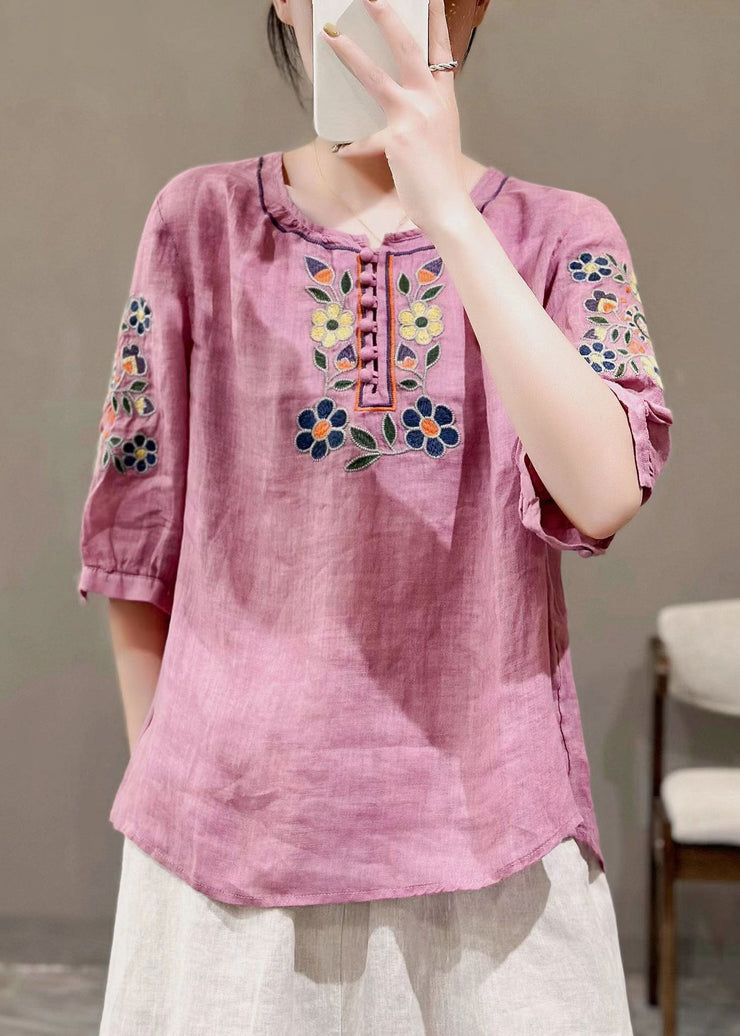 Loose Green O Neck Embroidered Patchwork Cotton T Shirt Half Sleeve