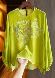 Loose Green O Neck Embroidered Silk Velour Top Long Sleeve