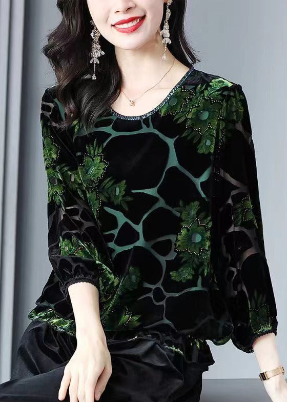 Loose Green O Neck Jacquard Patchwork Velour T Shirt Top Fall