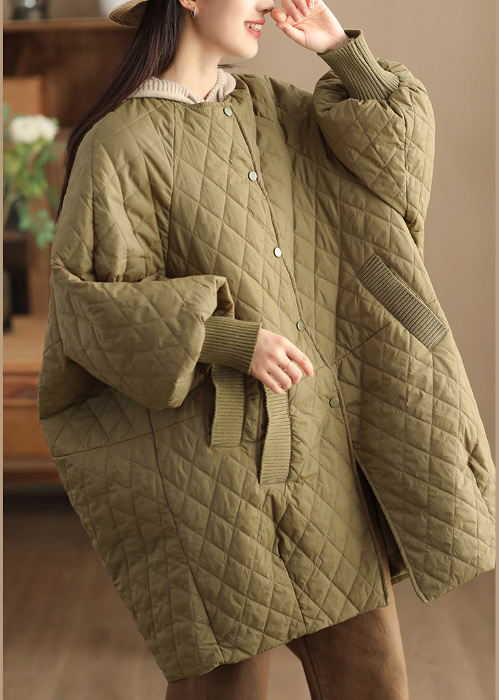 Loose Green O Neck Pockets Fine Cotton Filled Coat Winter