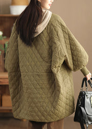 Loose Green O Neck Pockets Fine Cotton Filled Coat Winter