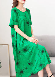 Loose Green O Neck Print Pockets Patchwork Cotton Dress Summer