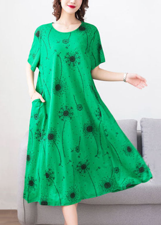 Loose Green O Neck Print Pockets Patchwork Cotton Dress Summer