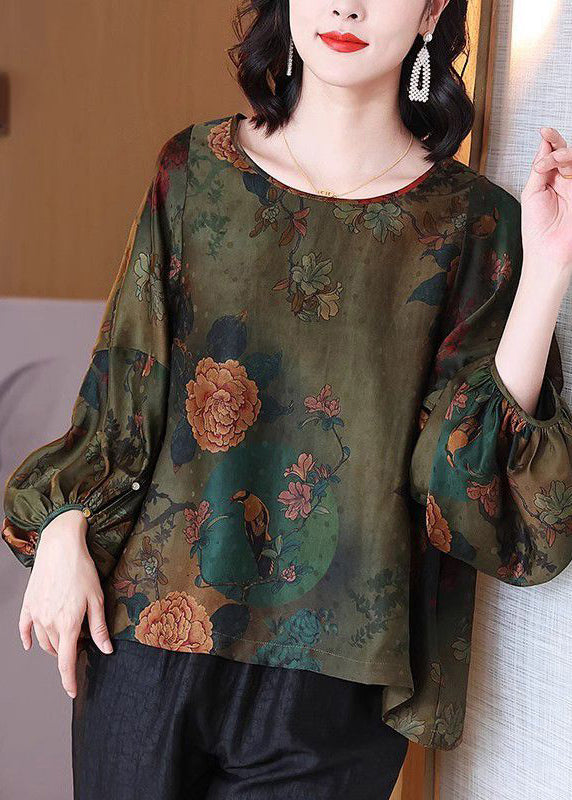 Loose Green O-Neck Print Silk Shirt Bracelet Sleeve