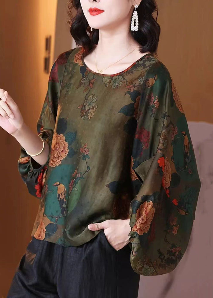 Loose Green O-Neck Print Silk Shirt Bracelet Sleeve