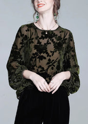 Loose Green O Neck Print Silk Velour Tops Winter