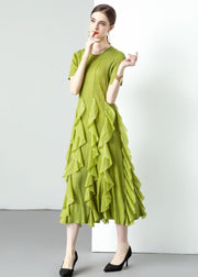 Loose Green O-Neck Ruffled Patchwork Chiffon Long Dresses Summer