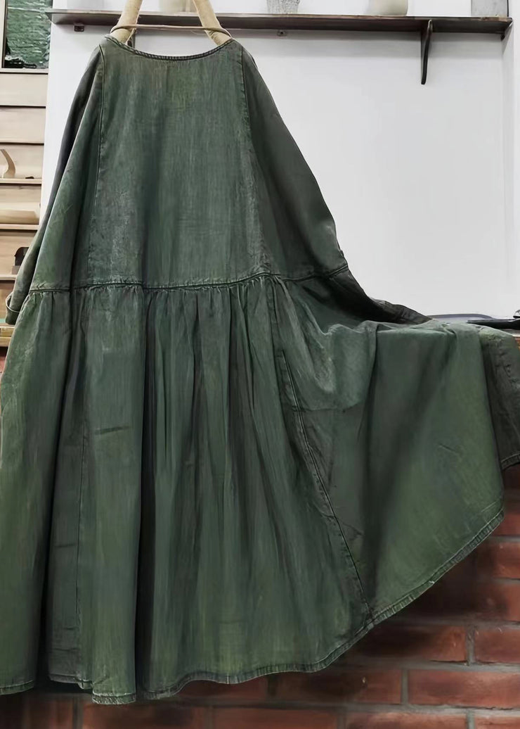 Loose Green O Neck Solid Cotton Mid Dress Long Sleeve